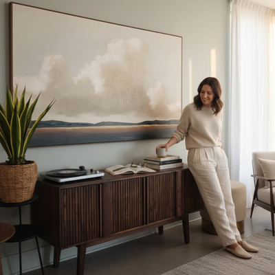 HANKI Storage and Display collection — Brann console styled with record player and books in a living room