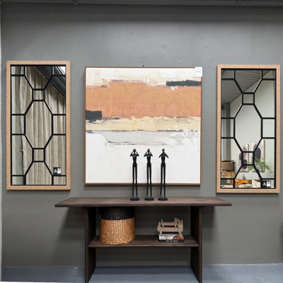 HANKI Console Tables collection — wood console table styled with framed mirrors, abstract art and decor