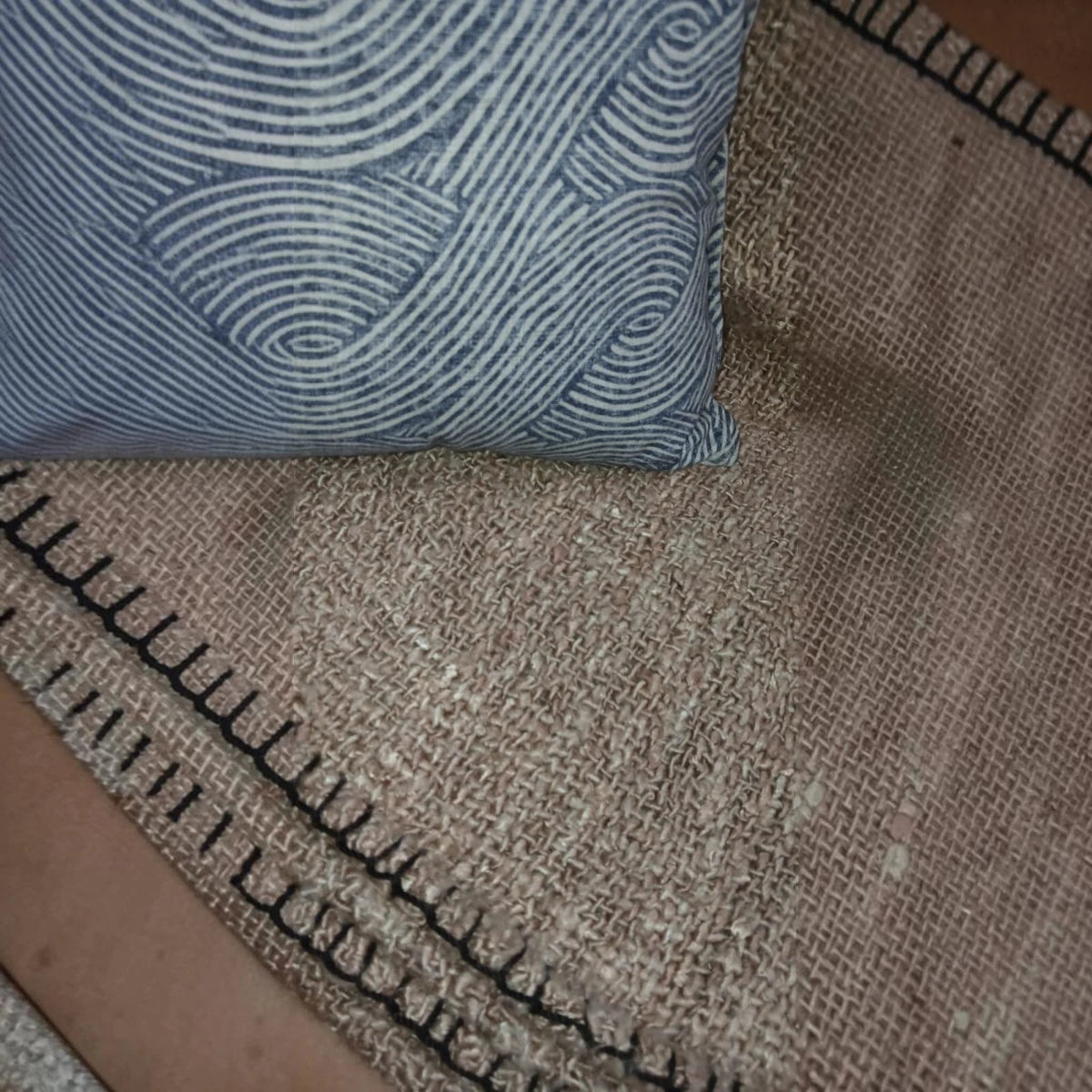 HANKI Throw Sand textured cotton throw black stitch detail