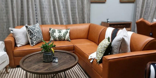 HANKI Toren L-shape leather sofa styled in a living space