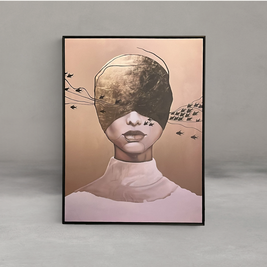 HANKI Intuitive surreal portrait canvas wall art with gold leaf blindfold and fish silhouettes