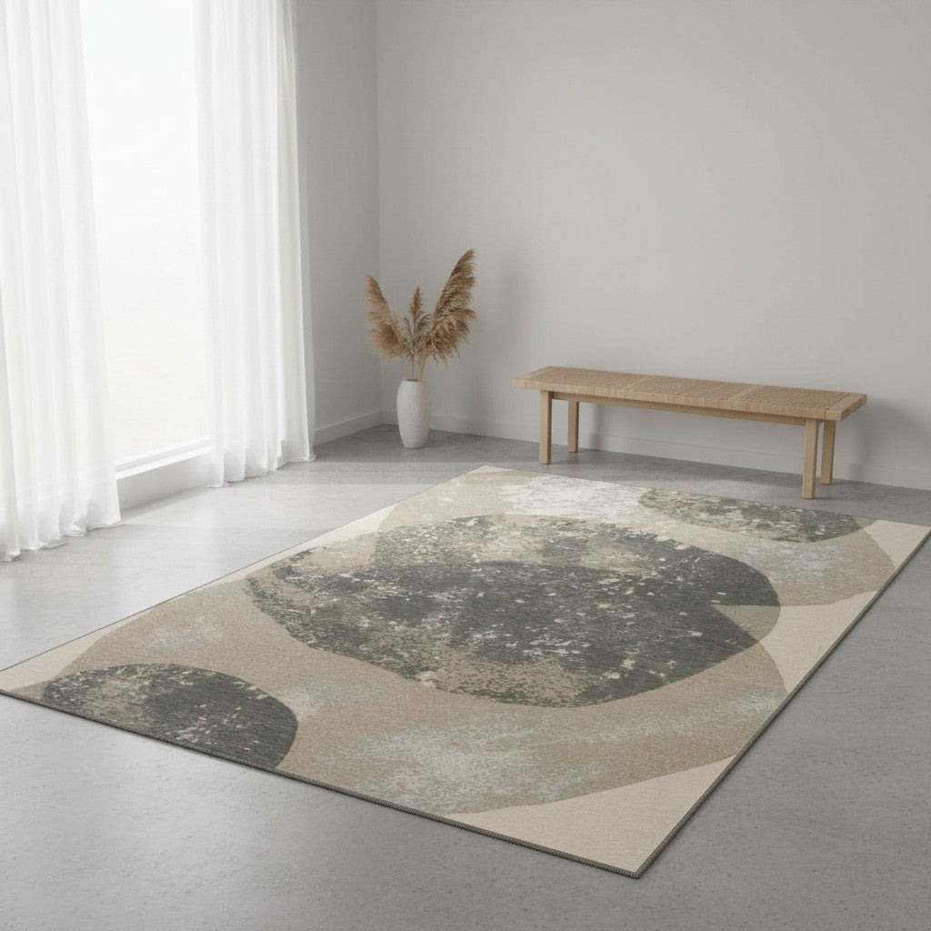 HANKI Lichen Stone Rug styled in a bright living room with a woven bench and dried pampas grass
