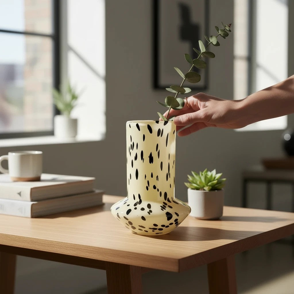 HANKI Black Spot tall glass vase with black brushstroke pattern on a wooden table with a hand placing a green stem
